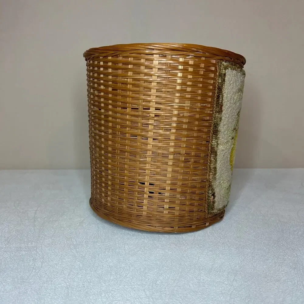 Vintage Boho Woven Rattan Wastebasket Needlepoint Pear Basket